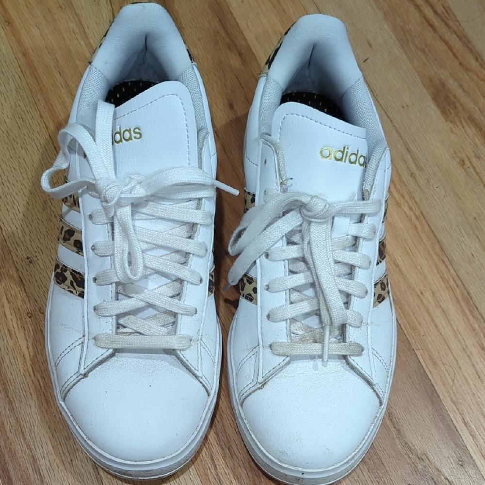 Adidas Women's White and Leopard Print Sneakers